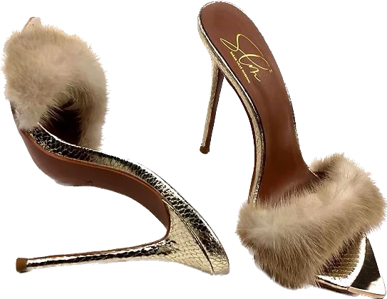 sara lilas massimo mancini mink fur trimmed gold metallic python sandals