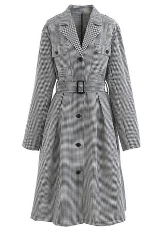 Button Down Houndstooth Belted Coat in Brown - Retro, Indie and Unique Fashion