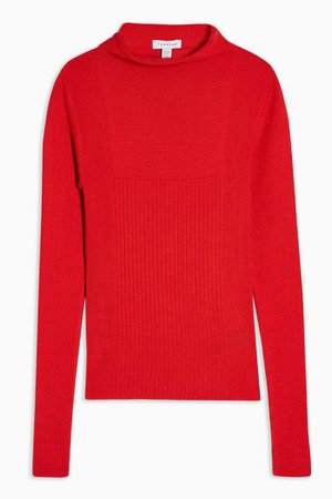 Red Knitted Mixed Ribbed Funnel Neck Jumper | Topshop