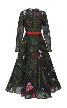 Oscar de la Renta Floral Appliqué Silk-Blend Midi Dress