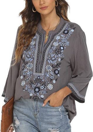LauraKlein Women's Mexican Embroidered Tops for Women V Neck 3/4 Sleeve Shirts Peasant Casual Loose Summer Tunics Blouse at Amazon Women’s Clothing store