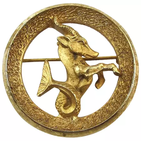 Crown Trifari Zodiac Capicorn Horoscope Pin Brooch Sea Goat GreatVintageStuff | Ruby Lane