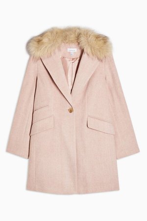 Pink Faux Fur Hood Herringbone Coat | Topshop