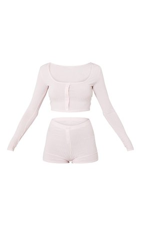 Pink Rib Long Sleeve Crop And Boxer Shorts PJ Set | PrettyLittleThing USA
