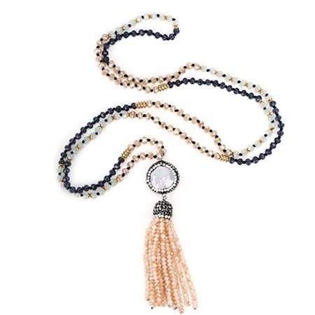 Amazon.com: BOUTIQUELOVIN Beige Beaded Tassel Fringe Pendant Long Fashion Seedbead Crystal Y Shape Necklace for Women: Jewelry