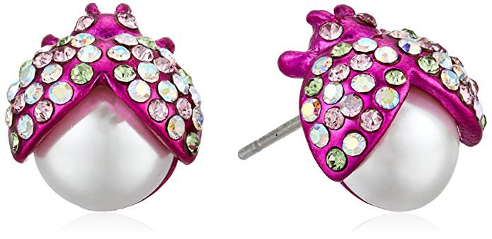 Betsey Johnson "Blooming Betsey" Pink Bettle Stud Earrings, One Size: Clothing