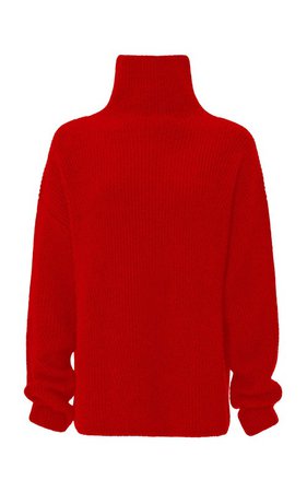 red oversized ribbed knit cashmere silk turtleneck sweater