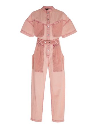 Pink short sleeve denim jumpsuit
