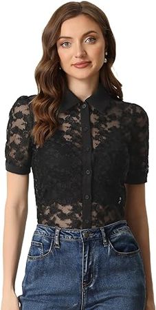 Allegra K Floral Lace Shirt for Women's Short Sleeve Semi Sheer Button Down Blouse X-Small Black at Amazon Women’s Clothing store