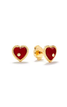 9k Yellow Gold Red Agate Dome Heart Stud Earrings By Yvonne Leon | Moda Operandi
