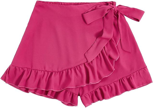MakeMeChic Women's Boho Floral Print Elastic Waist Ruffle Wrap Tie Skorts Skirt Shorts Hot Pink M at Amazon Women’s Clothing store