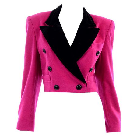 Escada Margaretha Ley Bright Pink Wool Short Blazer Jacket Black Velvet Trim For Sale at 1stdibs