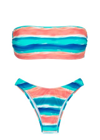 Rio de Sol Blue And Coral High-leg Bikini With Bandeau Top - Upbeat Reto