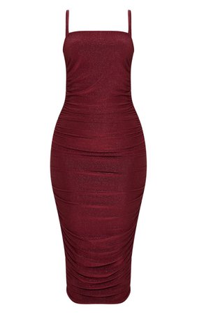 Petite Burgundy Textured Glitter Ruched Midi Dress | PrettyLittleThing USA