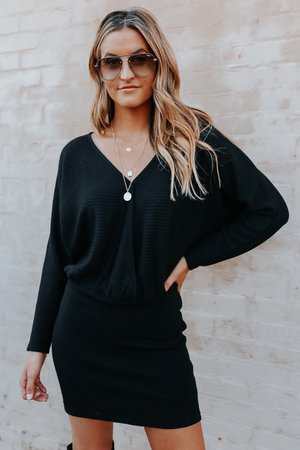 Black Surplice Ribbed Sweater Dress