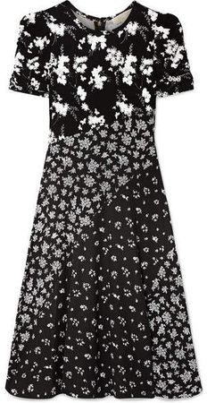 Embellished Paneled Floral-print Stretch-knit Dress - Black