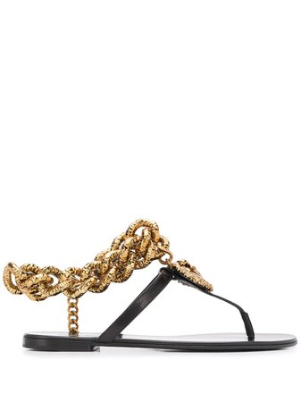 Dolce & Gabbana Chain Detail T-Bar Flat Sandals CQ0332AX059 Black | Farfetch