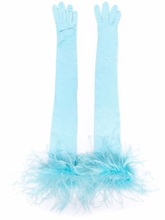 Styland feather-trim long gloves