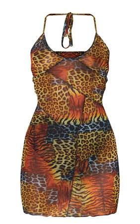 Multi Leopard Print Sheer Mesh Overlock Stitch Halterneck Bodycon Dress | PrettyLittleThing USA