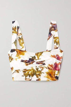 Collection - Cropped Ruched Floral-print Washed-sateen Bustier Top - White