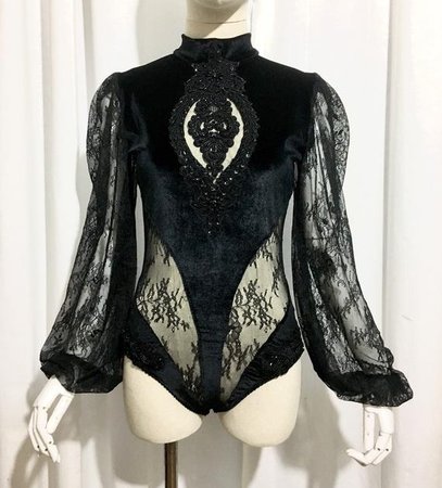 Gothic lingerie bodysuit in velvet with lace and beaded | Etsy
