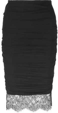 Lace-trimmed Ruched Stretch-crepe Skirt - Black