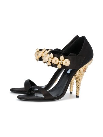 Prada Black Gold Heel 125 Satin Sandals