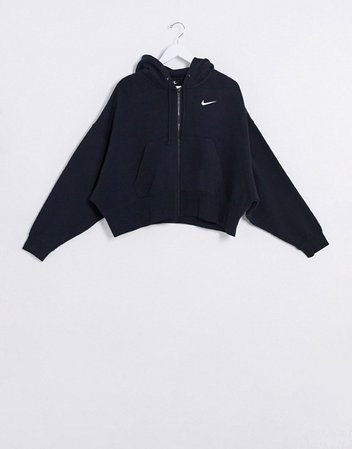 Nike mini swoosh oversized cropped black zip through hoodie | ASOS