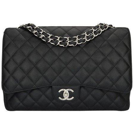 CHANEL Black Caviar Maxi Double Flap with Silver Hardware 2012