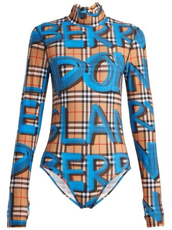 Blue text and yellow long sleeve plaid bodysuit