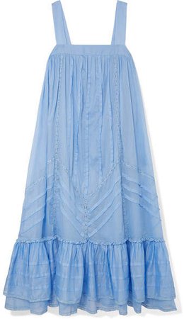 Ruffled Lace-trimmed Cotton-voile Dress - Blue