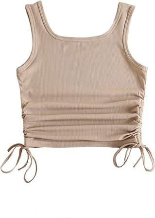 SheIn Women's Ruched Drawstring Tied Side Scoop Neck Tank Top Khaki Small at Amazon Women’s Clothing store