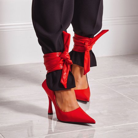 Balling Lace Up Pointed Court Heel In Red Faux Leather | EGO