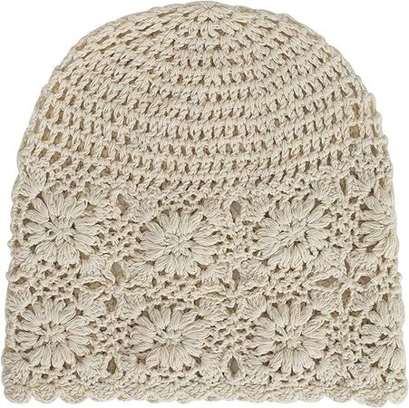 ZLYC Women Cotton Crochet Slouchy Beanie Hat Handmade Knit Cutout Summer Floral Skull Cap (Solid Beige) at Amazon Women’s Clothing store