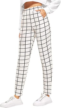 SweatyRocks Women's Casual High Waist Skinny Leggings Stretchy Work Pants Plaid White Small at Amazon Women’s Clothing store