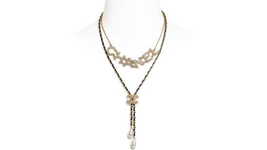 Necklace, metal, glass pearls, calfskin & strass, gold, pearly white, black & crystal - CHANEL