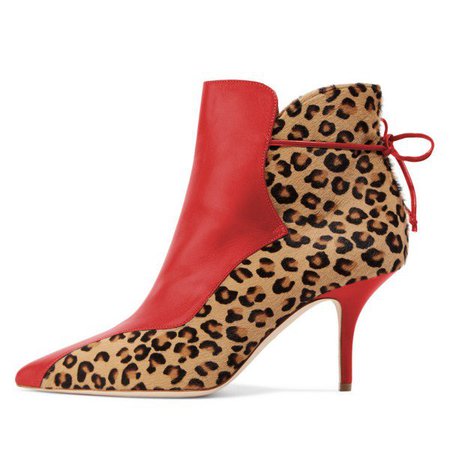Red and Leopard Booties Pointy Toe Back Lace up Haircalf Ankle Boots for Work, Night club, School, Date, Anniversary, Going out, Hanging out | FSJ