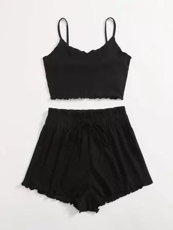 black Lettuce Trim Crop Cami Top & Paperbag Knot Waist Shorts Set | SHEIN USA