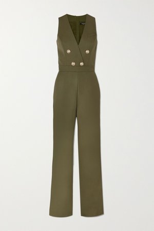 Army green Buttoned-embellished wool jumpsuit | Balmain | NET-A-PORTER