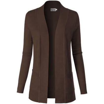 Women's Open Front Long Sleeve Classic Knit Cardigan Brown M