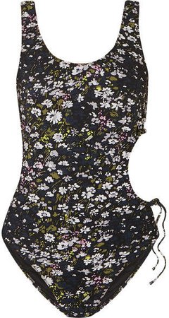 Cutout Floral-print Swimsuit - Black