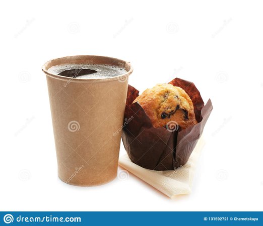 Cardboard Cup Of Coffee And Muffin On White Background Stock Image - Image of break, design: 131592721