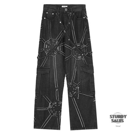 Washed Black Patchwork Streetwear Denim Trousers Y2K... - Depop