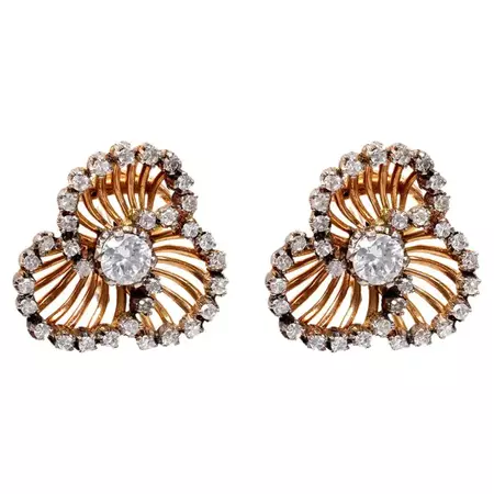 Mid Century Diamond 18k Yellow Gold Earrings For Sale at 1stDibs