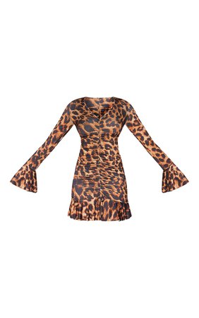 Brown Leopard Slinky Flare Sleeve Bodycon Dress | PrettyLittleThing USA