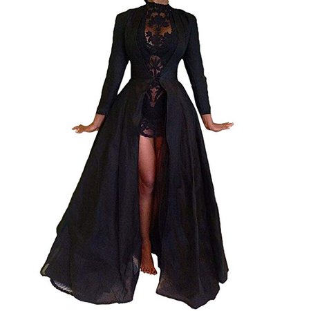 Women Black Long Cloak Cape Lace Floral Short Dress 2Pcs Outfit at Amazon Women’s Clothing store: