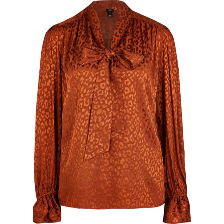 Brown animal print pussybow blouse | River Island