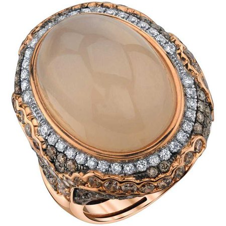 15.05 Carat Oval Moonstone with White and Brown Diamonds 18 Karat Rose Gold Ring For Sale at 1stdibs