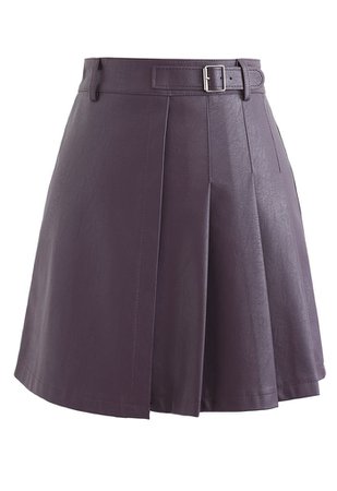 Belt Detail Faux Leather Pleated Mini Skirt in Purple - Retro, Indie and Unique Fashion
