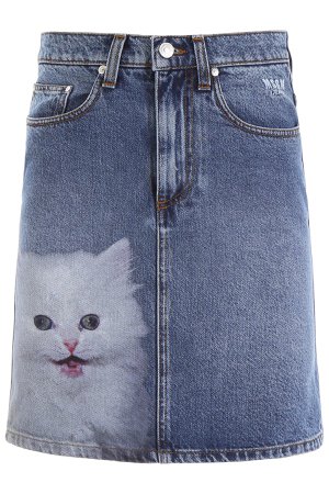MSGM Denim Mini Skirt With Cat Print